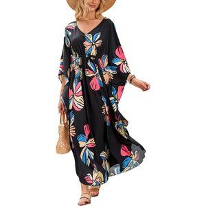 Women's 2 Black 100% Polyester V Neck Summer Beach Dresses Cover Caftan Maxi